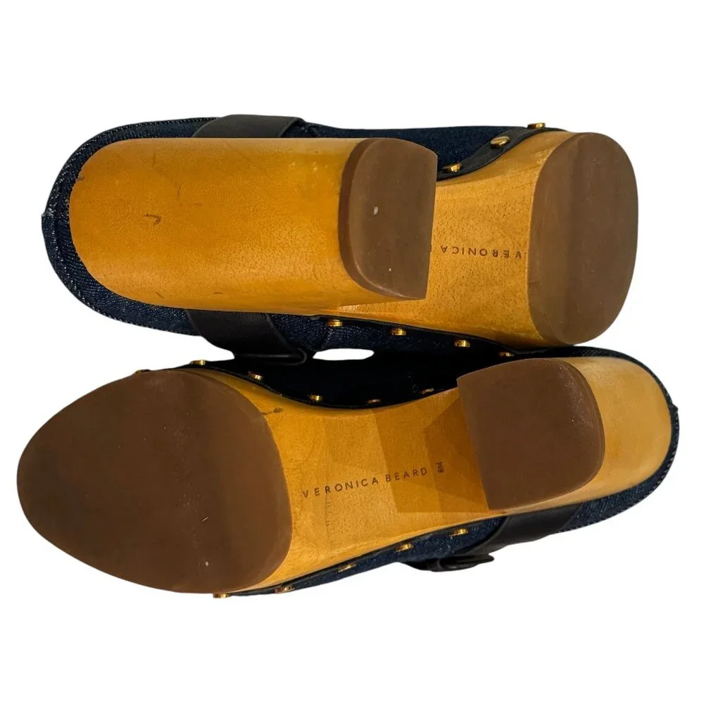 Like new Veronica Beard Dacey Denim & Navy Blue Leather Buckle Clogs Siz… - Picture 3 of 8